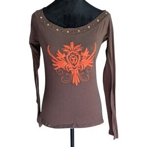 Texas Couture Rhinestone Studded Long Sleeve Top XL Western Biker Grunge